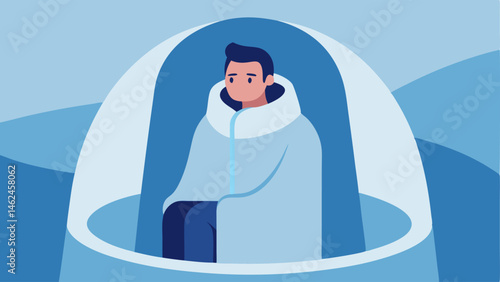 Patient Experience A relaxed patient seated inside a transparent chamber comfortably draped with a soft blanket with a serene expression as they receive cryotherapy treatment.