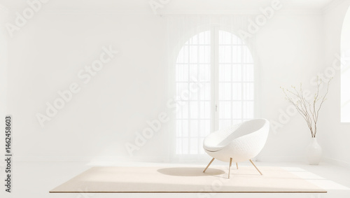 white modern armchair in white sunlight Room. Beautiful minimalistic interior background