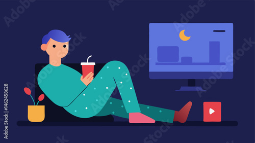 Streaming service binge A character lounging in pajamas watching a screen with a subscription service open emphasizing a lazy recovery.