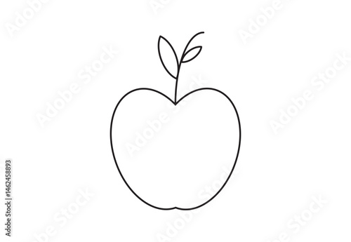 Apple Line Drawing with Two Leaves Simple Outline Illustration for Kids.