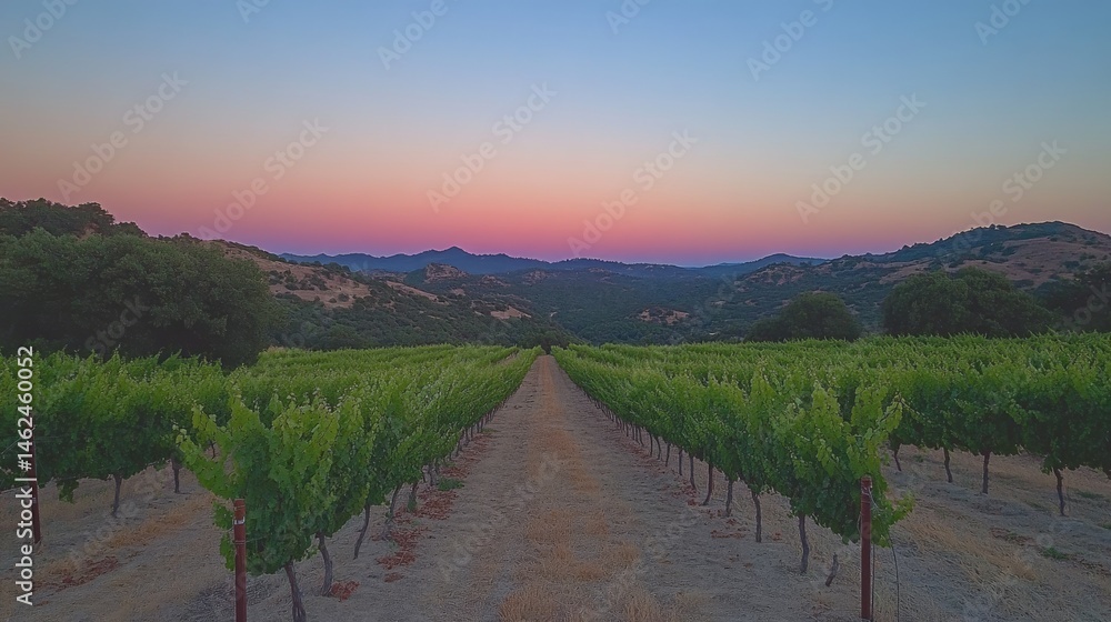 Naklejka premium Vineyard rows stretch to a pastel sunset over hills.