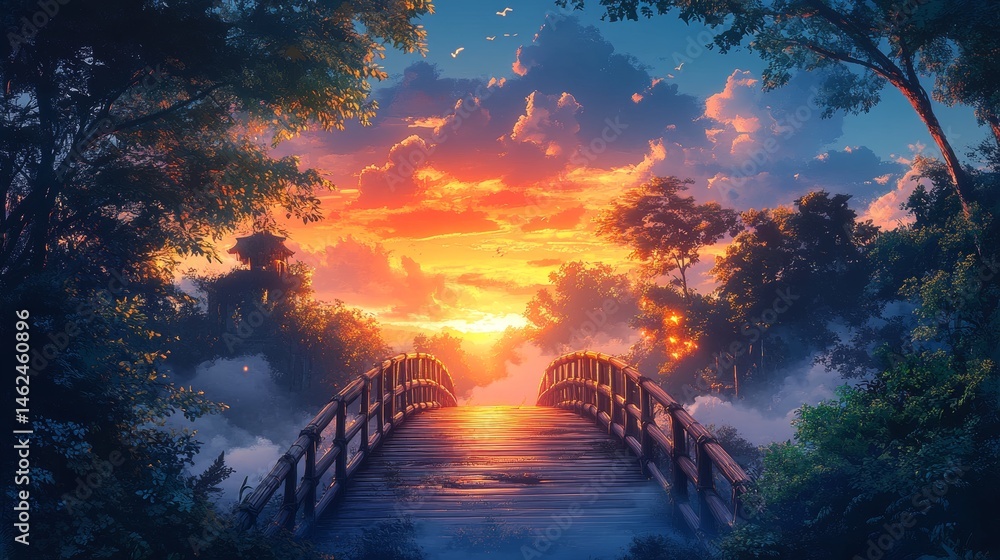 Tranquil wooden bridge leads to a vibrant sunset. Tranquil wooden bridge leads to a vibrant sunset.