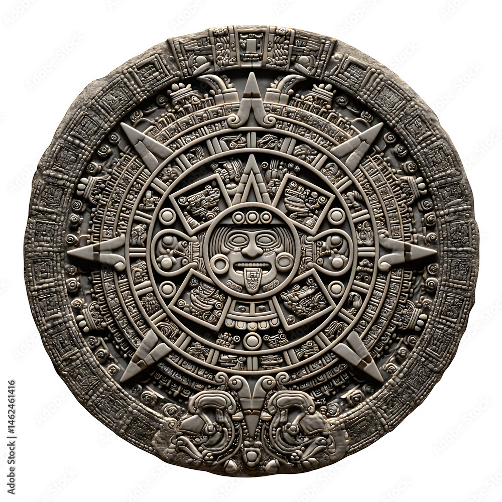 Obraz premium Aztec calendar stone relief carving isolated on transparent background