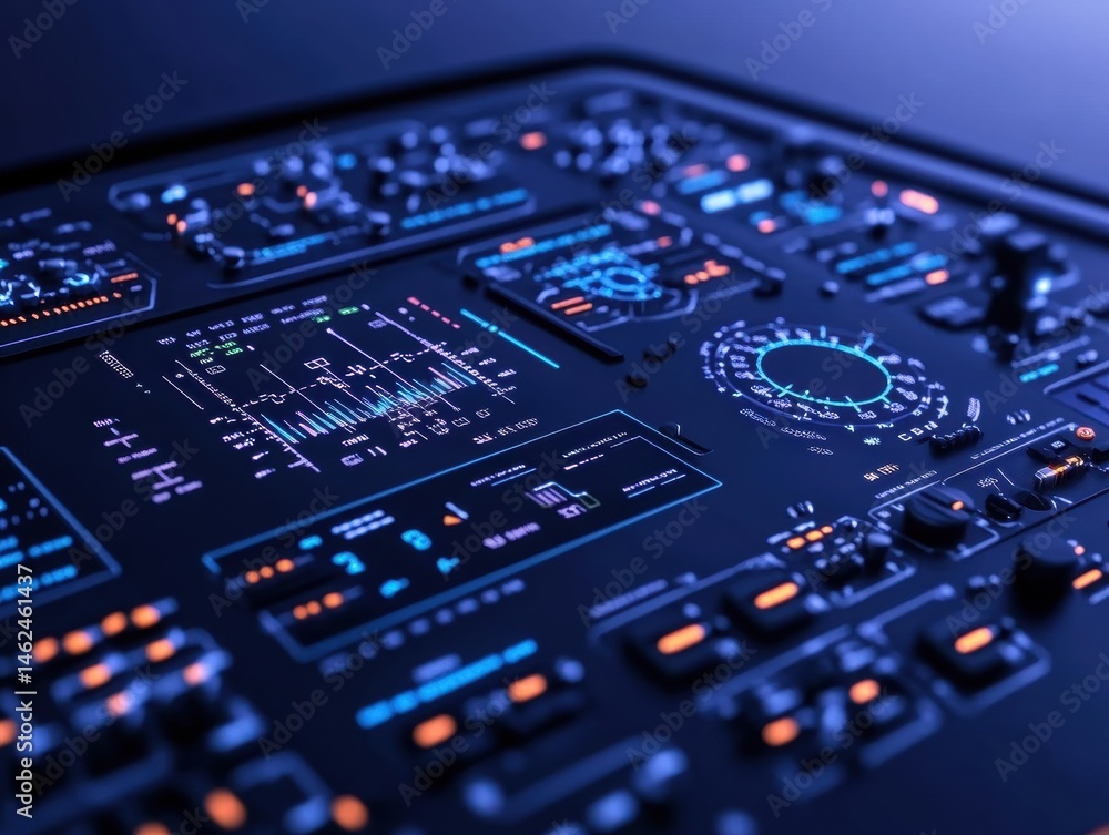 Futuristic control panel with glowing displays Futuristic control panel with glowing displays