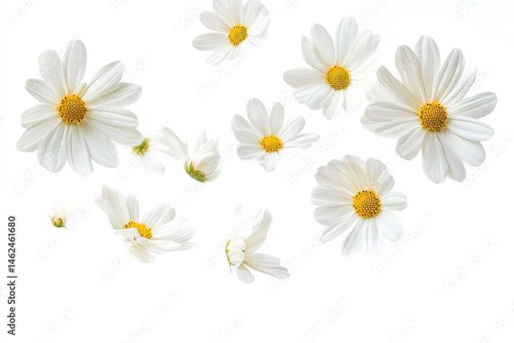 Fototapeta premium Floating daisies floral arrangement on white background