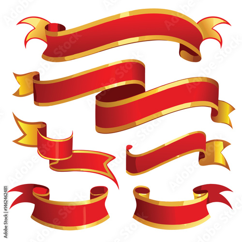 A collection of elegant red and gold ribbons and banners on white background