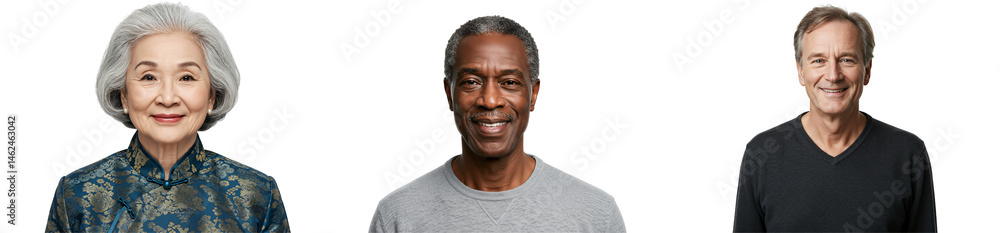 Obraz premium A Group of Three Diverse Adults: an Elderly Asian Woman, a Middle-Aged Black Man, and a Mature Caucasian Man Smiling Against a transparent background