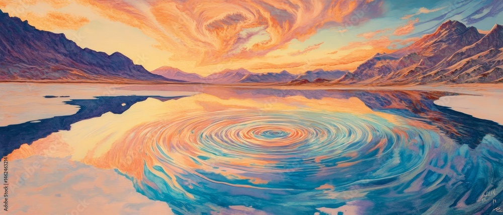 A painting of a lake with a large circle of water in the center