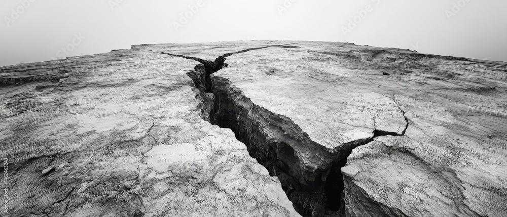A large crack in the ground with a gray sky in the background