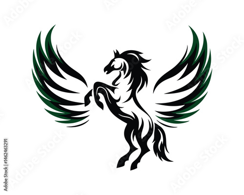 Stylized rearing pegasus logo with green wings, mythical creature on a white background
