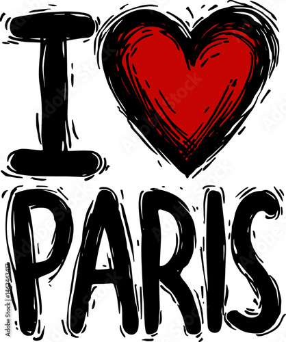 Hand-drawn "I love Paris" typography design with a red heart. Grunge artistic sketch style, perfect for souvenirs, travel posters, or t-shirt prints. Vector illustration on white background