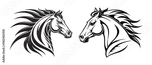 Dynamic equine bust, flowing mane, monochrome mascot design  on a white background

