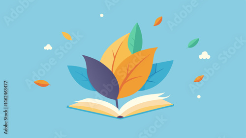 Floating Leaf Pages A whimsical illustration of a book with its pages made of leaves floating in midair. The leaves are vibrant and glossy with sun rays reflecting off of them. The
