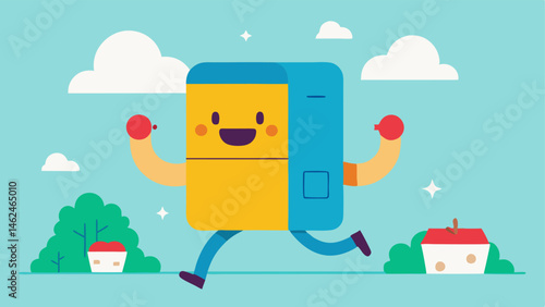 Dynamic Sprint Illustrate a cartoonstyle refrigerator with exaggerated muscles on its legs dashing energetically down a cartoonish street. Grocery items such as apples milk cartons