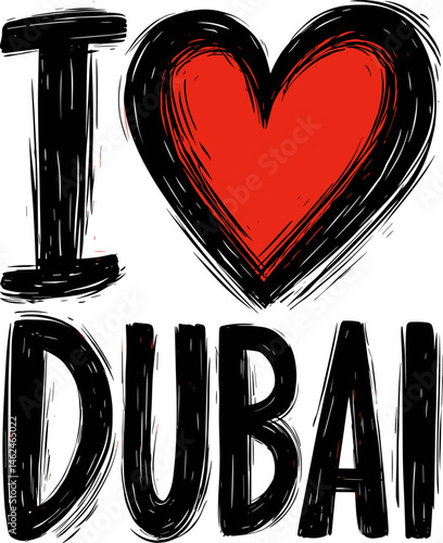 Vector illustration of “I love Dubai” with a red heart and expressive hand-drawn lettering in black on white background