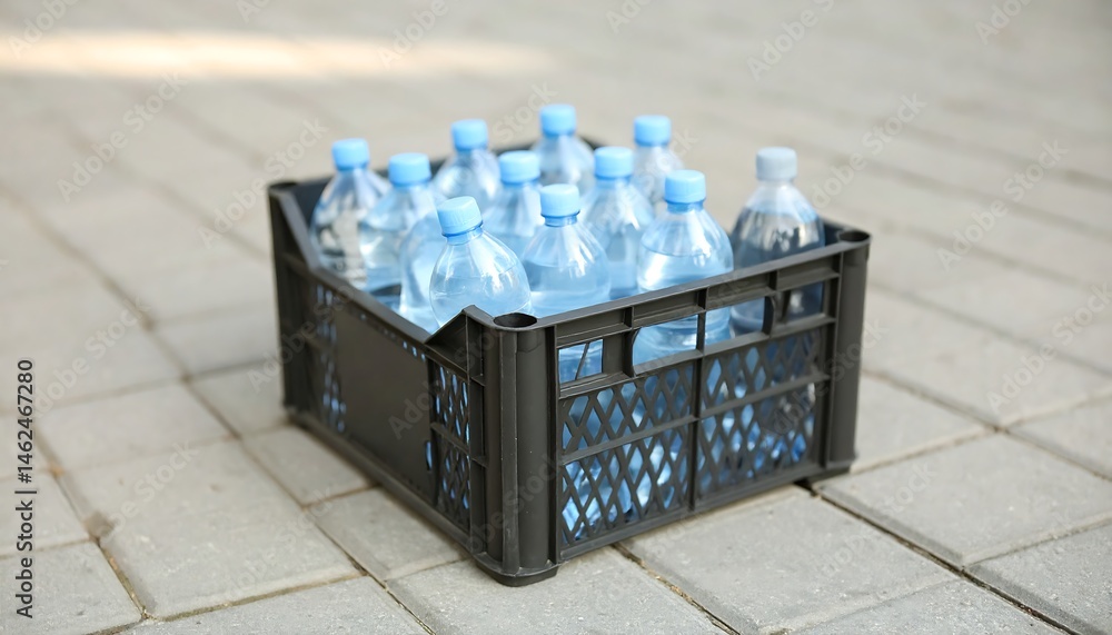 Fototapeta premium A Black Plastic Crate Filled with Bottled Water on Pavement Refreshing Hydration