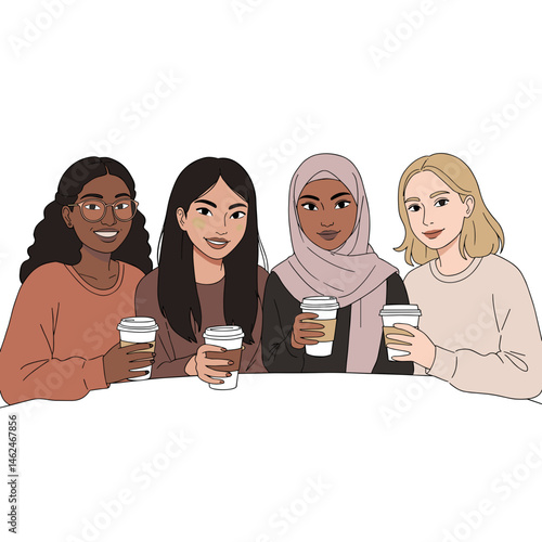 Women of different nationalities drink coffee together in a relaxed atmosphere 