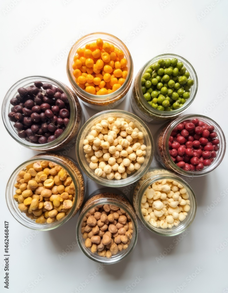 Assorted Legumes and Seeds in Glass Jars Assorted Legumes and Seeds in Glass Jars