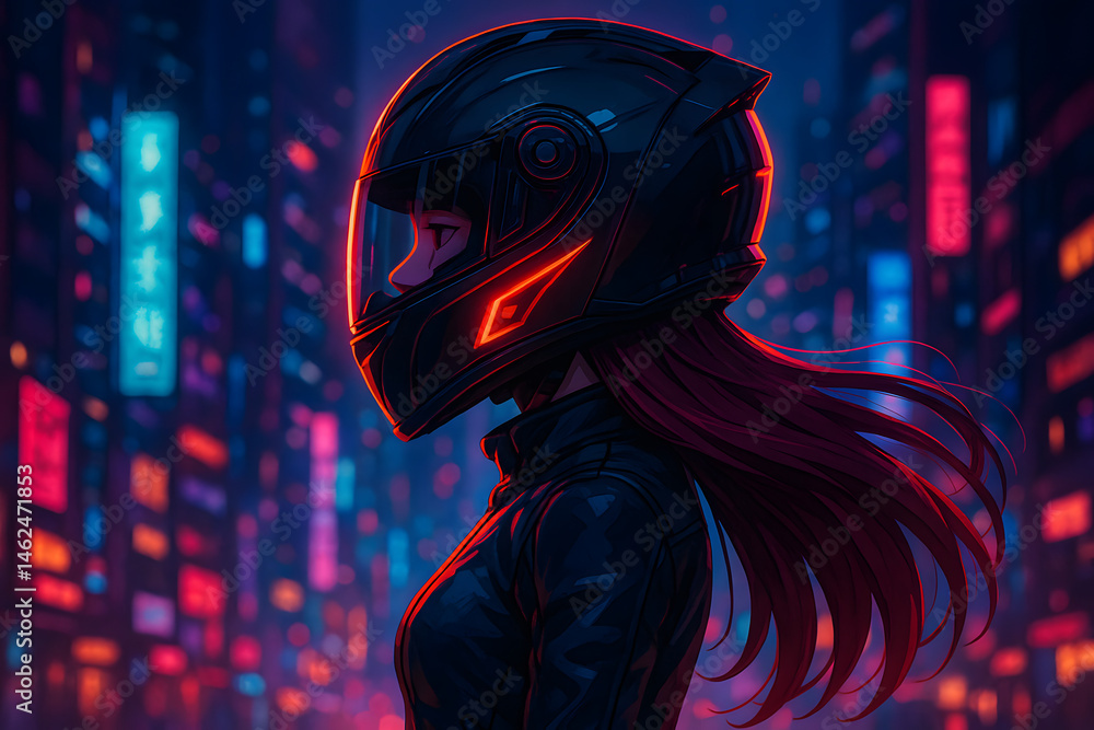 Obraz premium Neon Sentinel: Cyberpunk Rider in Profile