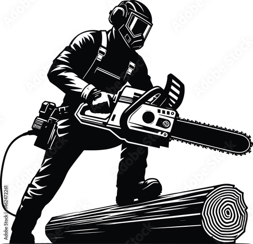 A man cutting wood with a chainsaw silhouette Vector Illustration isolated on a white background