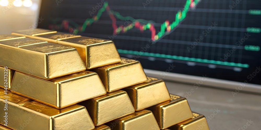 Shining Gold Bars Stacked High, a Pyramid of Wealth Against a Dynamic Stock Market Chart Background, Reflecting Financial Success and Investment Growth. Shining Gold Bars Stacked High, a Pyramid of Wealth Against a Dynamic Stock Market Chart Background, Reflecting Financial Success and Investment Growth.