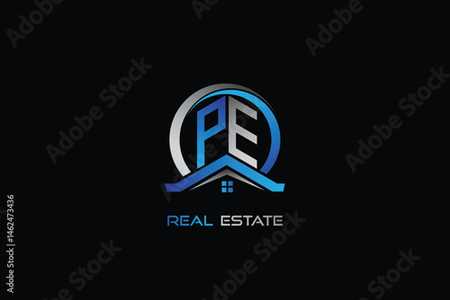 PE real estate letters logo design for construction or house. PE real estate letters logo Vector design