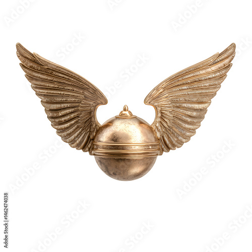 Golden snitch quidditch replica with wings isolated on transparent background