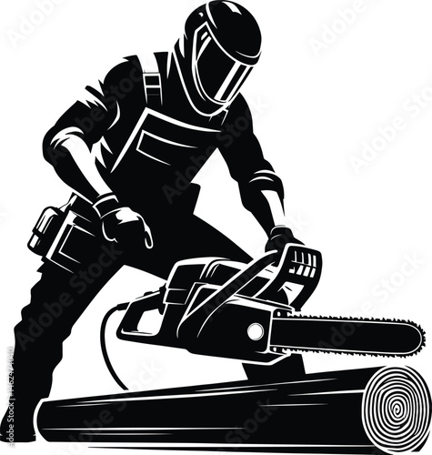A man cutting wood with a chainsaw silhouette Vector Illustration isolated on a white background