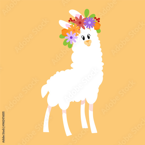 White cute llama with flower wreath