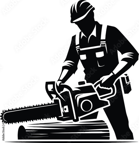 A man cutting wood with a chainsaw silhouette Vector Illustration isolated on a white background
