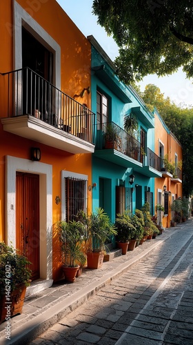 Vibrant colorful buildings along cobblestone street in Mexico