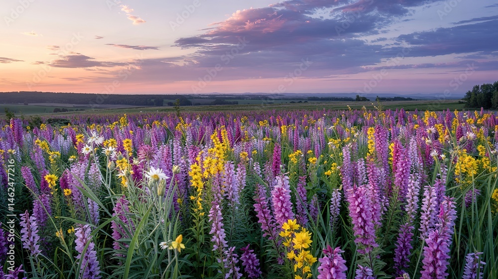 Obraz premium Sunset Serenity: Vibrant Wildflower Meadow at Dusk