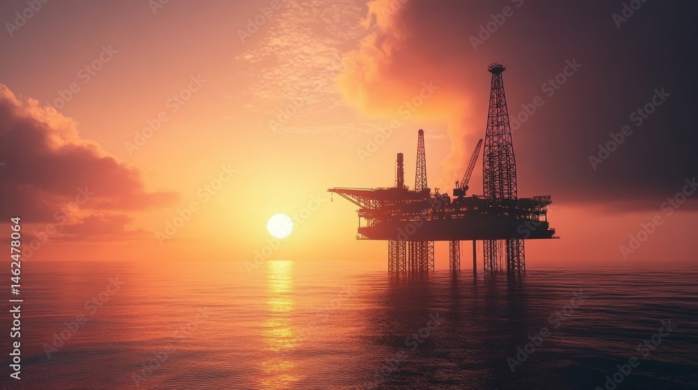 Obraz premium Offshore Oil Platform at Sunset Silhouette, Energy , Oilfield