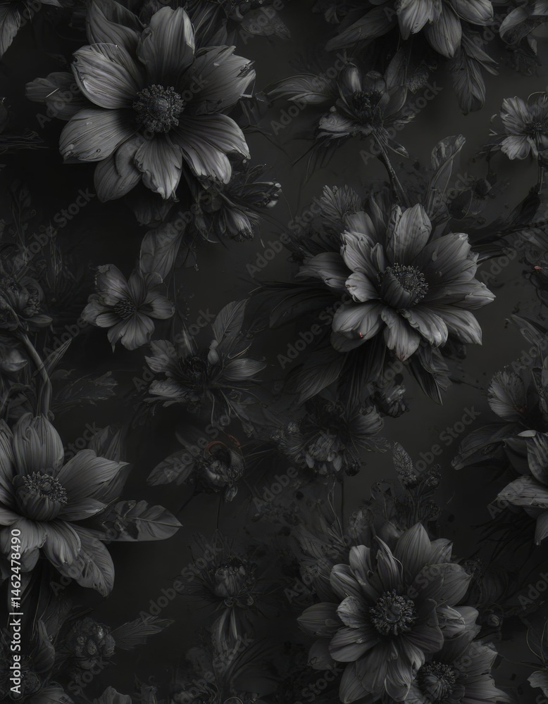 Abstract charcoal blooms, swirling botanicals, seamless repeat, modern, deco