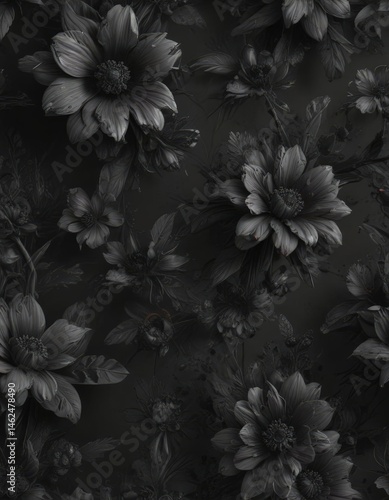 Abstract charcoal blooms, swirling botanicals, seamless repeat, modern, deco