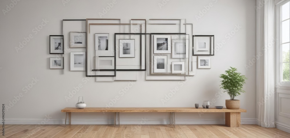 Bright minimalist home, empty picture frames on wall , wall, empty frames, blank