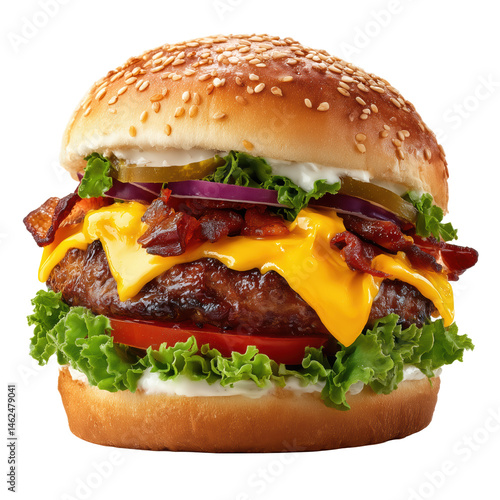 Mouthwatering Gourmet Burger with Melted Cheese and Bacon , isolated on white background png