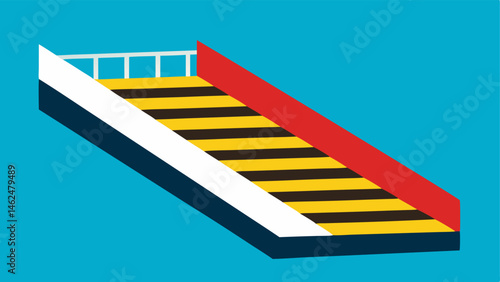 Safety Features An illustration highlighting safety measures such as bright contrasting strips along the ramp and decks to assist visually impaired passengers.