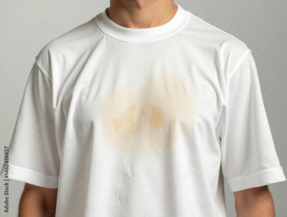 White cotton shirt with a visible oil stain on the front, close-up White cotton shirt with a visible oil stain on the front, close-up