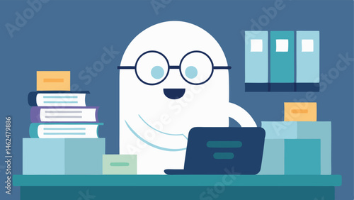 Office Cubicle Scene A light translucent ghost floats next to a cluttered office desk. The ghost is wearing large round glasses and has a cheerful smile. Papers are neatly