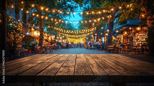 Empty wooden table at night market.
