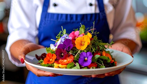 Chef presenting a vibrant edible flower salad on a plate A colorful and healthy gourmet meal