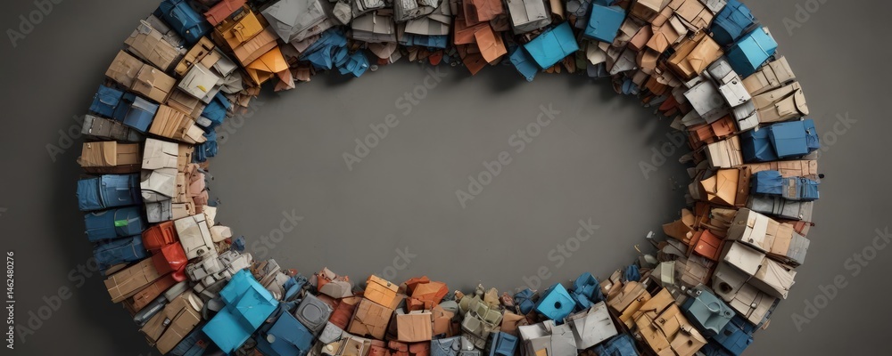 Recycled materials arranged in a circular pattern, showing different textures and colors , composition, items