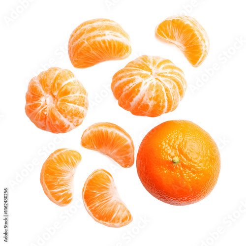 Bright orange peeled mandarin segments and whole fruit are arranged on a clean white background, creating a vibrant and healthy citrus fruit display.
