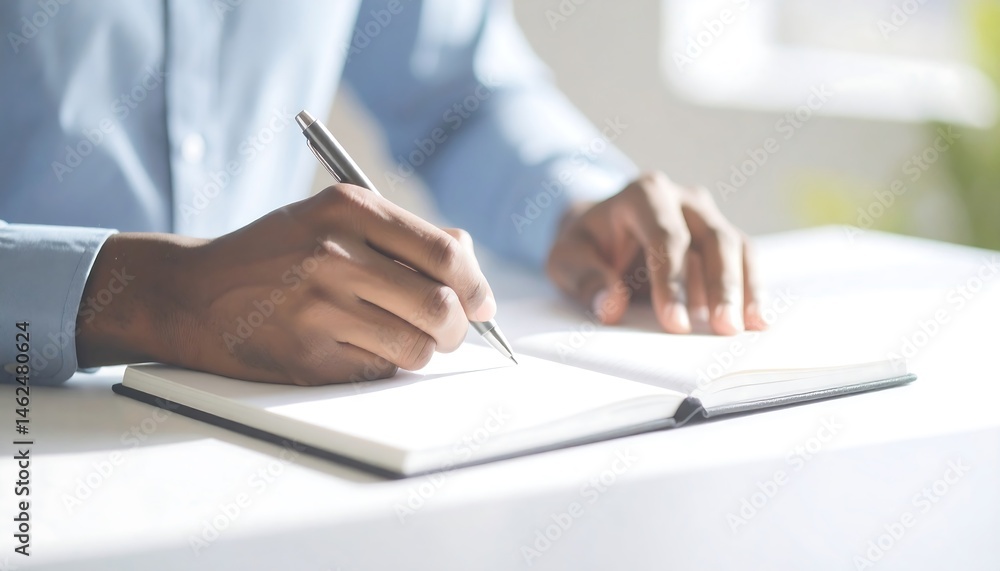 Person writing in notebook with pen hands close up view business person working office desk Person writing in notebook with pen hands close up view business person working office desk