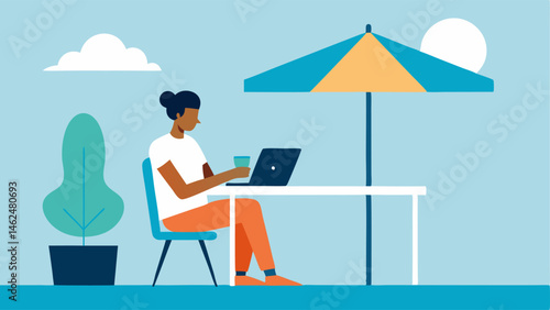 Outdoor Office An individual with a cane works from a patio using a tablet. They have a sunshade and a portable stand to hold their device demonstrating accessibility beyond