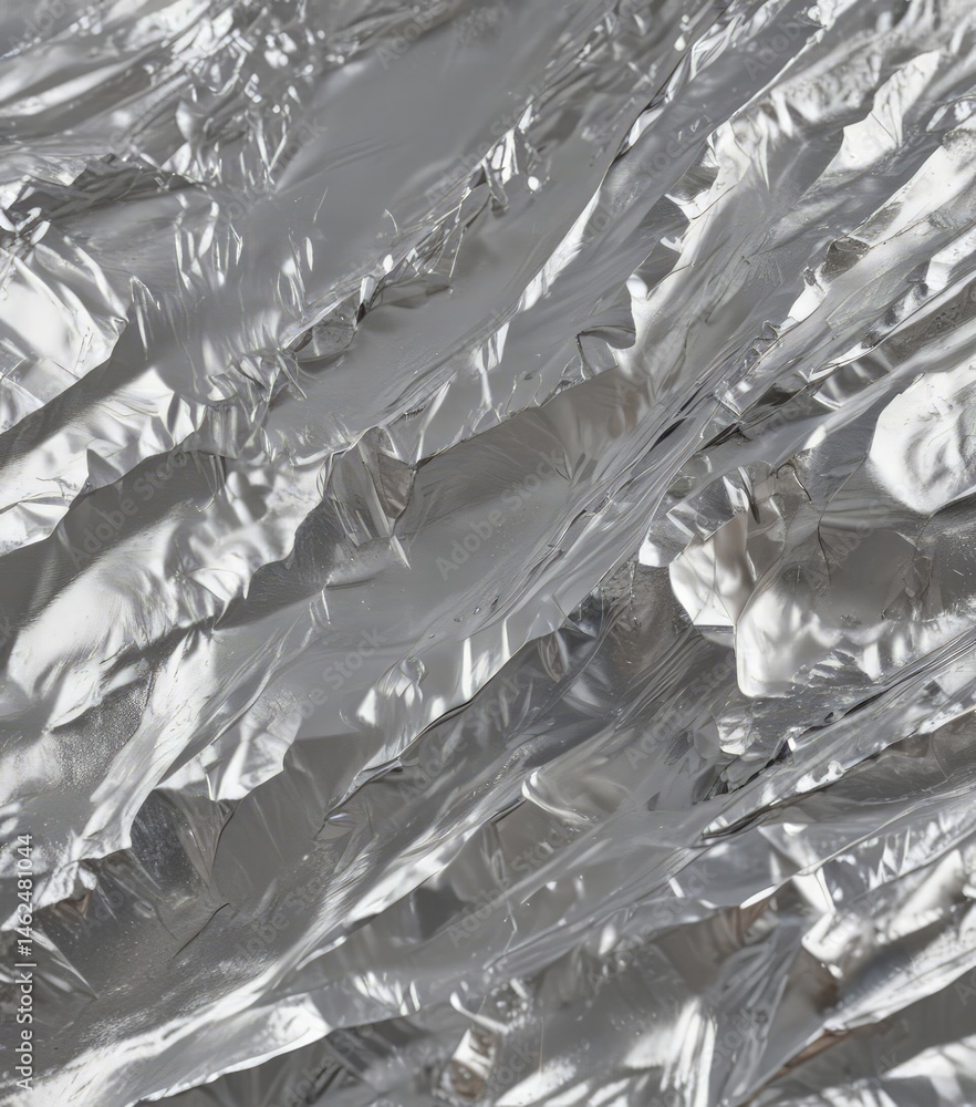 Shimmering silver foil, crinkled texture, reflective surface, abstract, glare