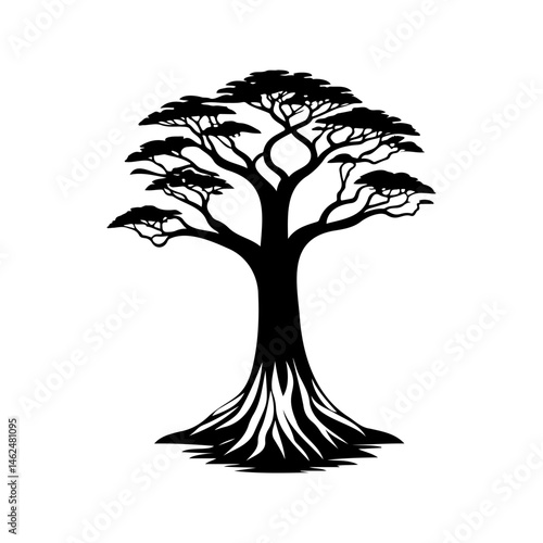 Stylized arboreal silhouette displaying unique root and canopy structure