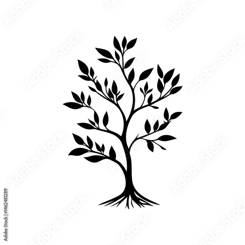 Minimalist silhouette of a tree with roots and dense foliage illustration