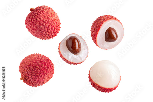   Set of few sliced lychees floating in the air, with a transparent background